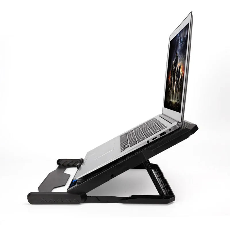 Metal mesh laptop cooling board with LCD display showing six-speed control settings