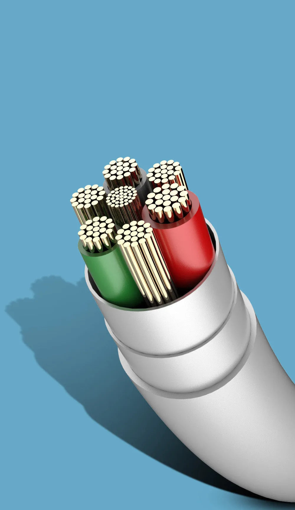 White PVC phone charging cable with USB, Micro USB, and TYPE-C connectors on a 1.2m length