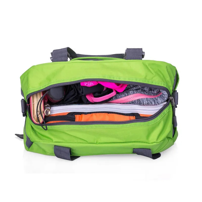 Nylon yoga and gym bag shown in multiple colours including black, blue, green, and pink.
