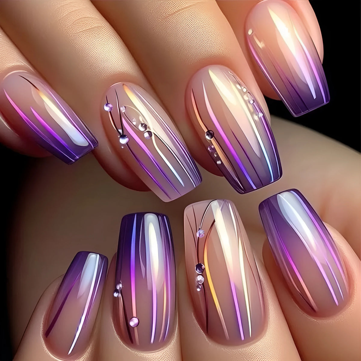 Magic purple line gradient nail stickers with starry sky pattern and jelly glue for short ballet nails