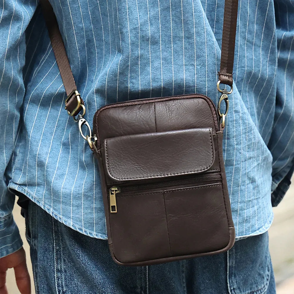 Men's brown genuine leather crossbody shoulder bag with sewing line detail