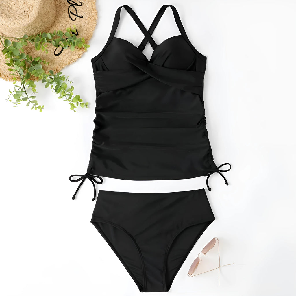 Women's black high-waist nylon bikini set with backless design for swimming sports
