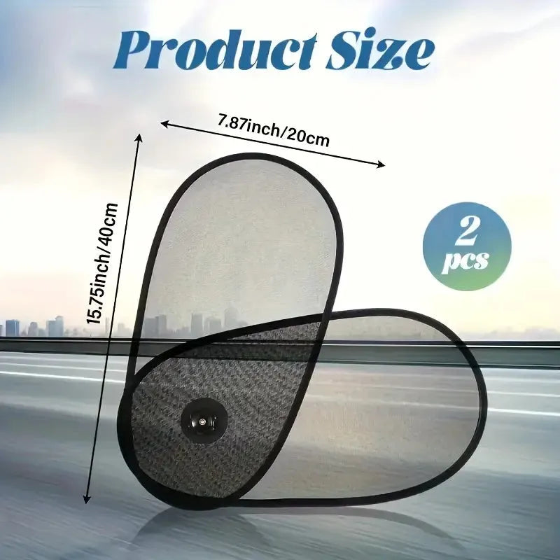 Black breathable car window shade attached to vehicle side window with suction cups