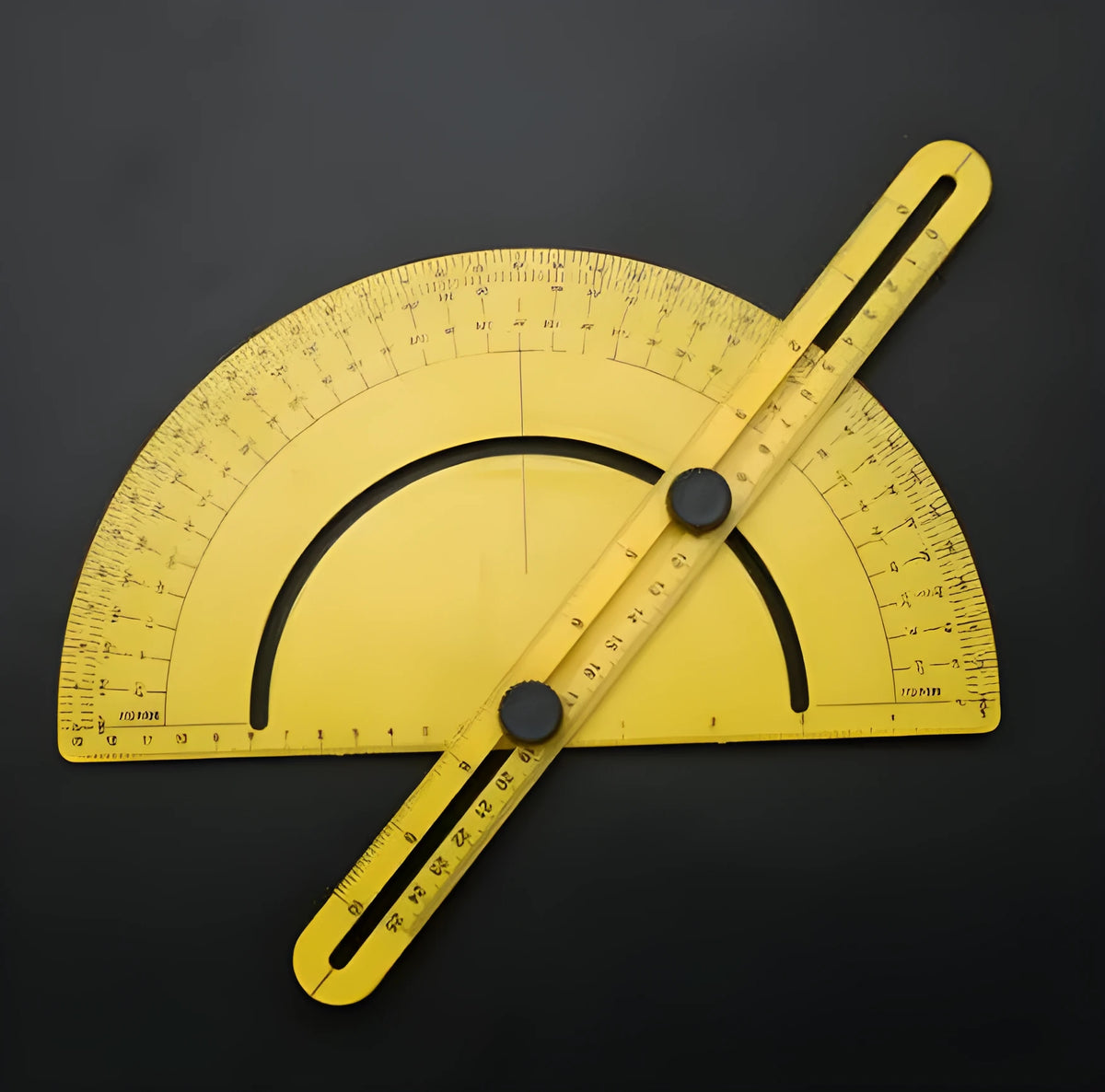 White plastic 180-degree carpentry ruler with square scale for angle measurement.
