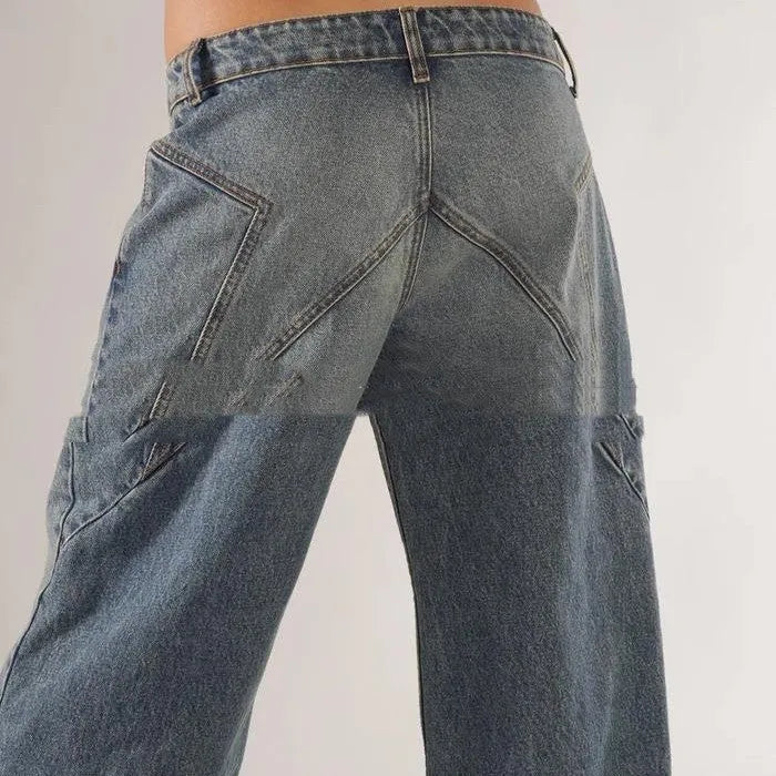 Blue loose fit women's cotton wide leg trousers with low waist and straight leg