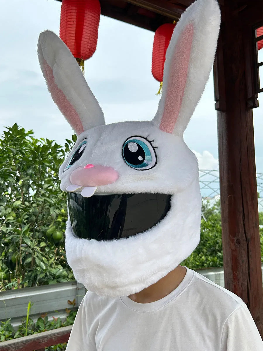 White rabbit head decorative cover on motorcycle helmet with long ears and plush pp cotton material