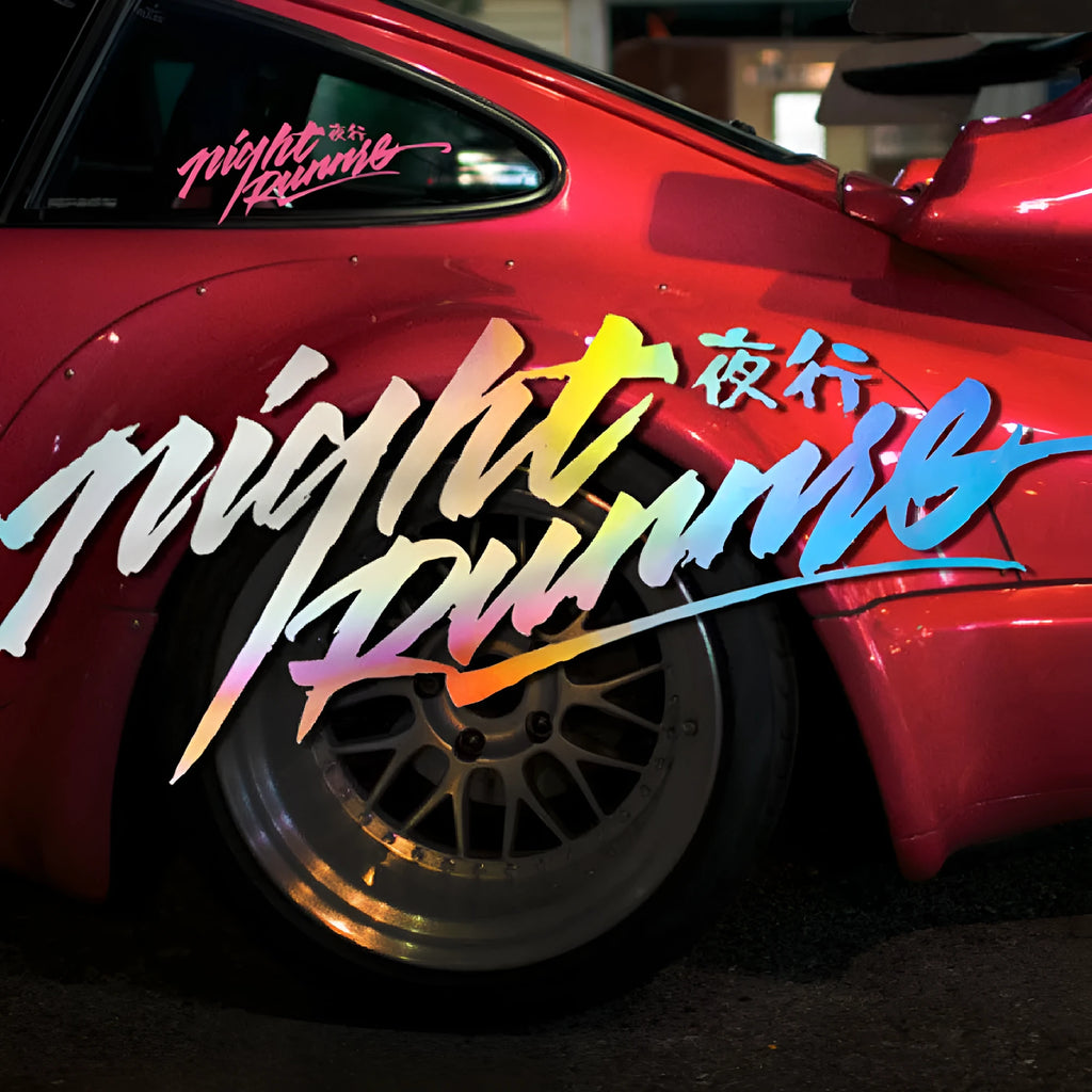 Nightwalker car decal sticker for rear windshield showing text and number patterns in colour options.