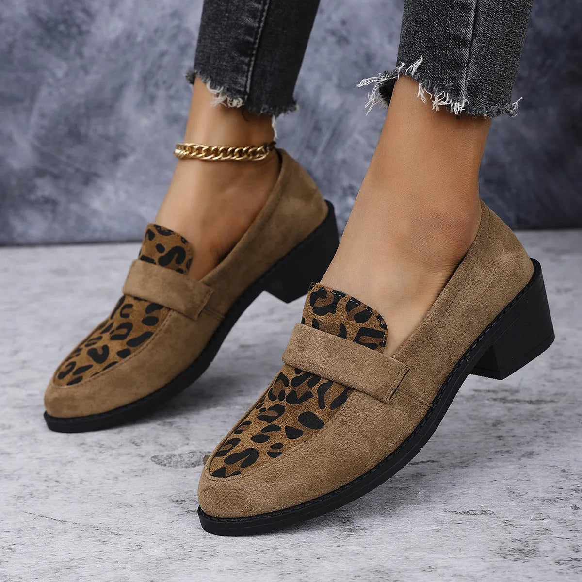 Brown leopard print slip-on suede shoe with chunky mid heel and pointed toe