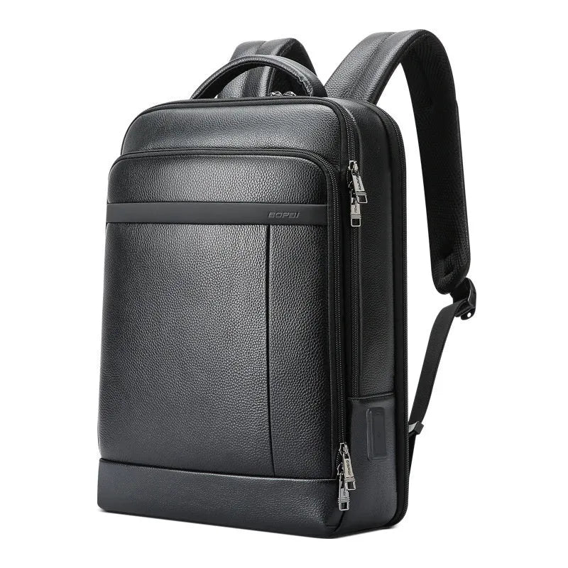 Black first layer cowhide leather business backpack with USB port and curved shoulder straps