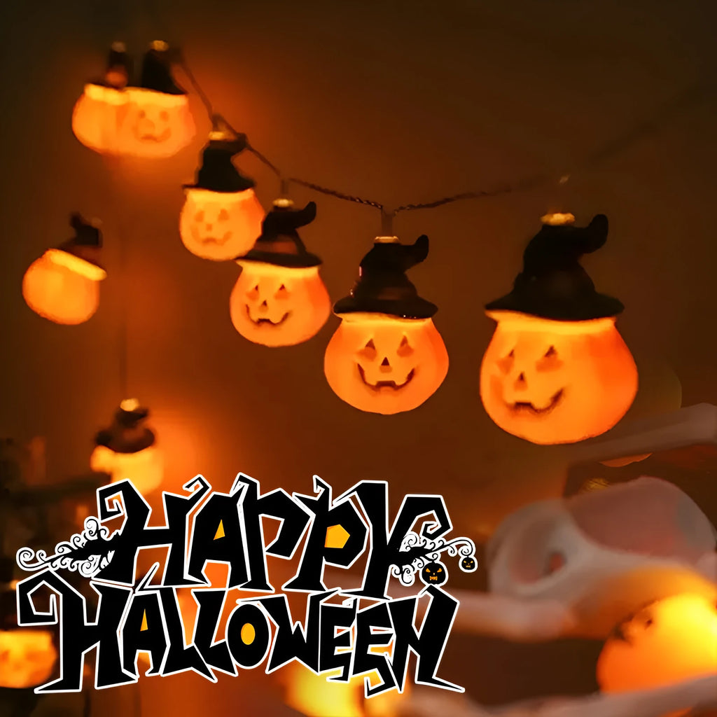 Halloween LED string lights with PVC pumpkin ghost bat skull covers, battery box, warm white, IP43, indoor outdoor use