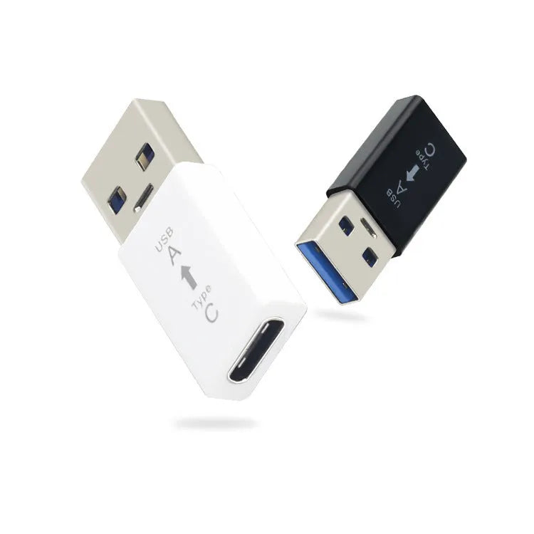 USB Male to USB C Female adapter with double-sided plug, black and white colour options, for computer and mobile phone use