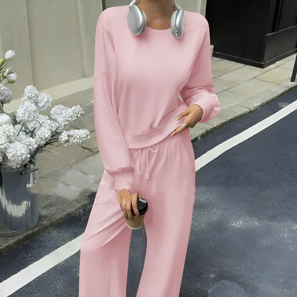 Women's solid colour polyester two-piece trouser set with long sleeve top in six colour options