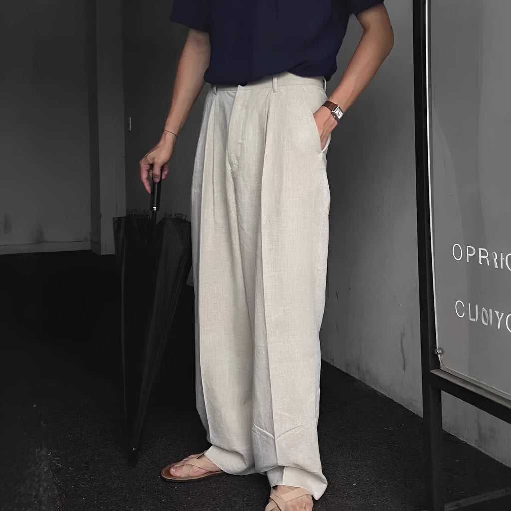 Men's Korean-style cotton linen trousers in wide-leg cut with elastic waistband