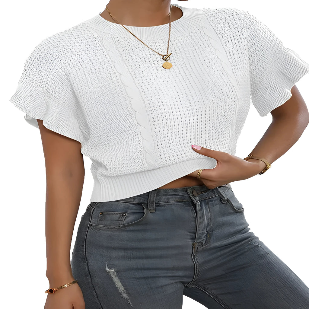 Knitted pullover sweater with ruffled short sleeves and twisted string detail in a loose fit.