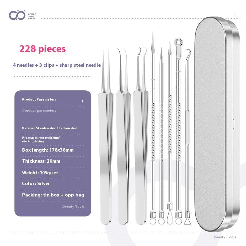 4-piece metal acne needle set with ultra-fine pointed clips on a silver background.