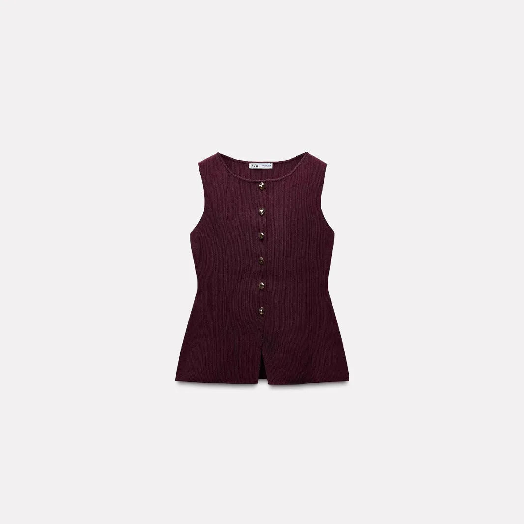 Women's slim fit sleeveless cardigan vest with 3D pattern in viscose fibre fabric