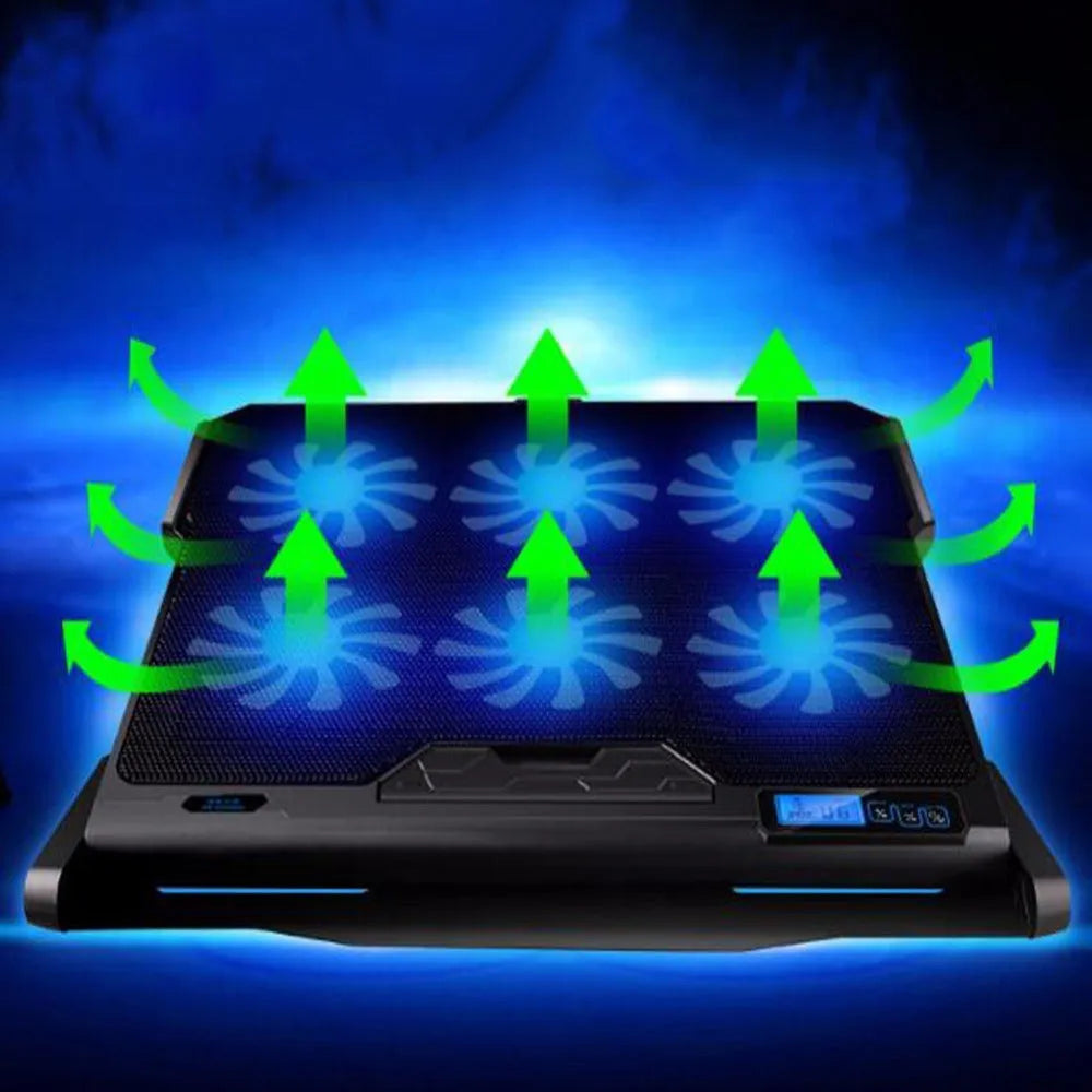Metal mesh laptop cooling board with LCD display showing six-speed control settings