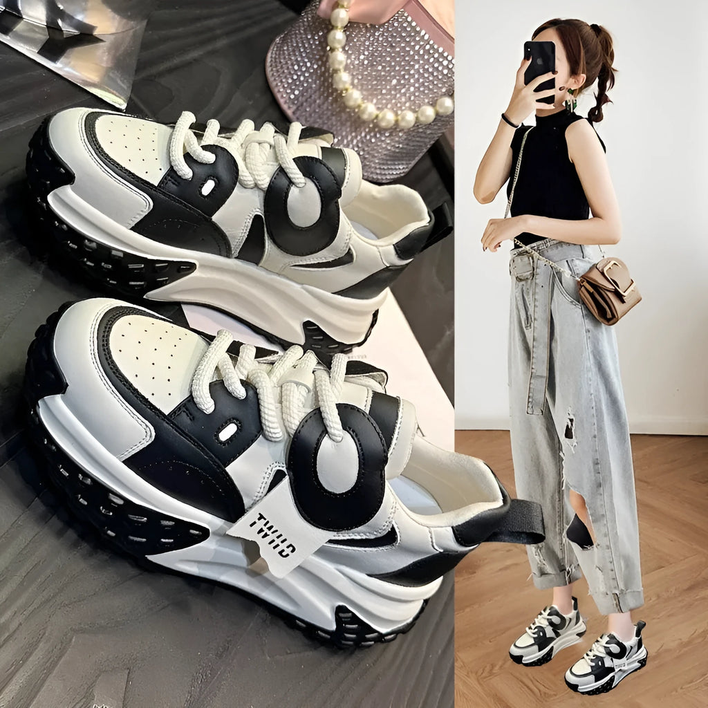 Leather sports casual shoes with thick wedge heel in multiple colour options showing front lace-up design