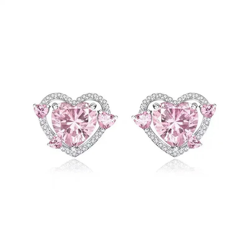 Women's heart-shaped stud earrings with white K electroplated finish on copper