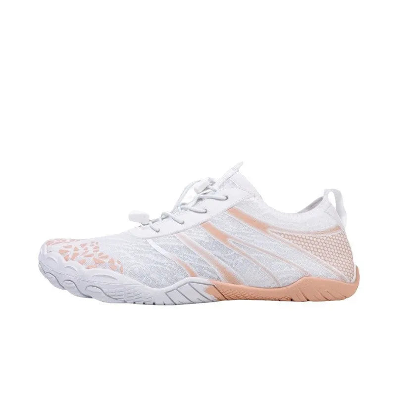 Lycra stretch fabric running shoes in beige, available in sizes 36 to 46 for men and women