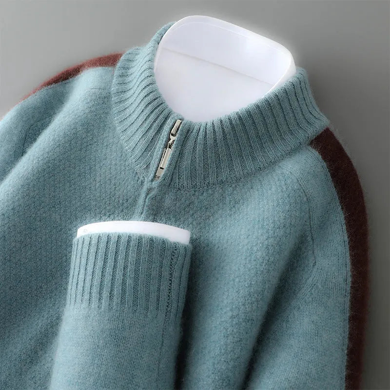 Men's slim fit half-zip wool sweater in standard wool thickness with round neck
