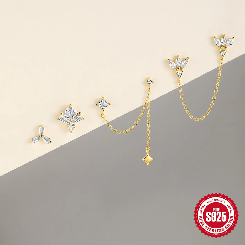 S925 sterling silver double ear piercing zircon chain stud earrings in gold tone geometric design