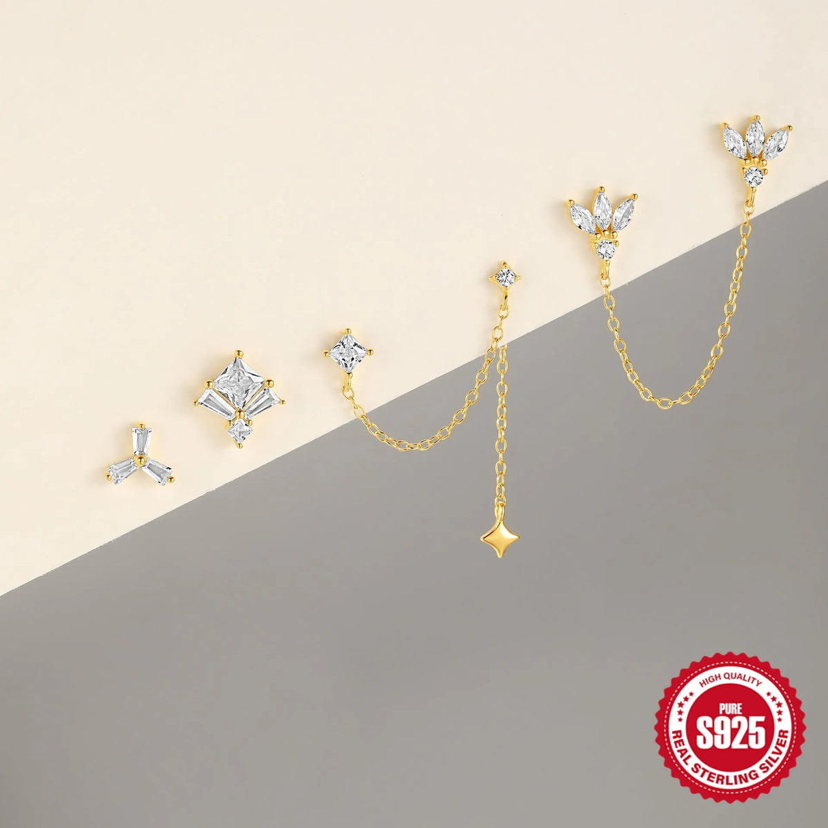 S925 sterling silver double ear piercing zircon chain stud earrings in gold tone geometric design