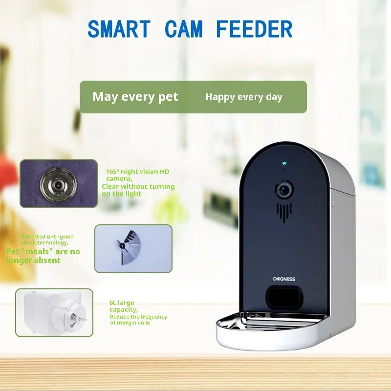 Smart automatic pet feeder with remote monitoring app, in five colour options.