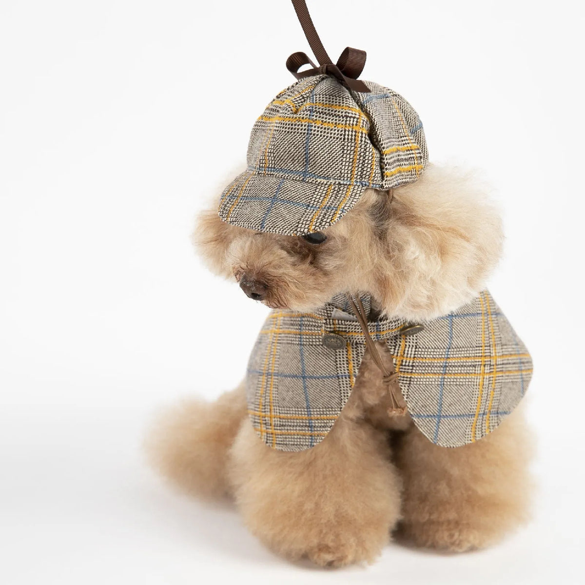 Camel coloured cotton pet cloak with adjustable hat for dogs, showing size options from S to 3XL