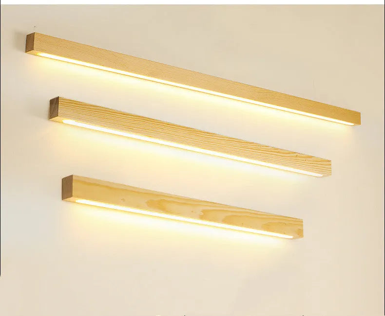 Walnut colour wooden strip wall lamp with LED lighting in minimalist design