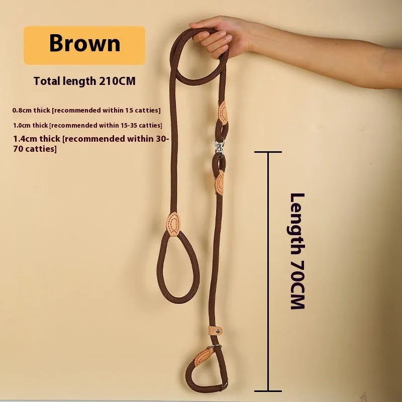 Brown nylon dog leash with hand-holding rope measuring 2.1 metres in length