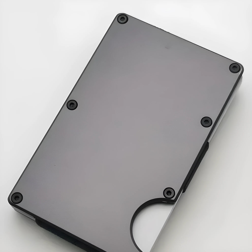 Aluminium grey carbon fibre credit card wallet with RFID protection holding multiple cards
