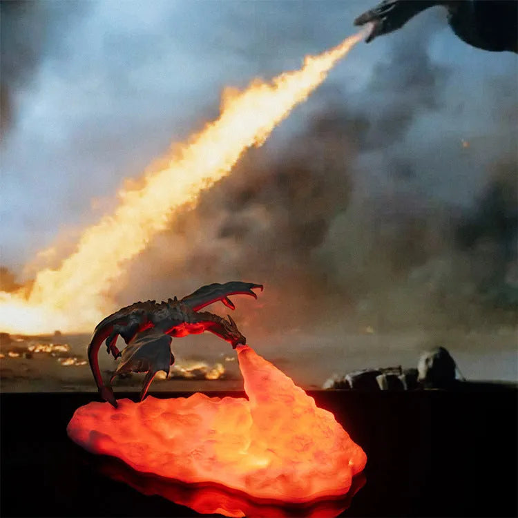 3D printed dragon night light with warm red breathing light effect on dark background