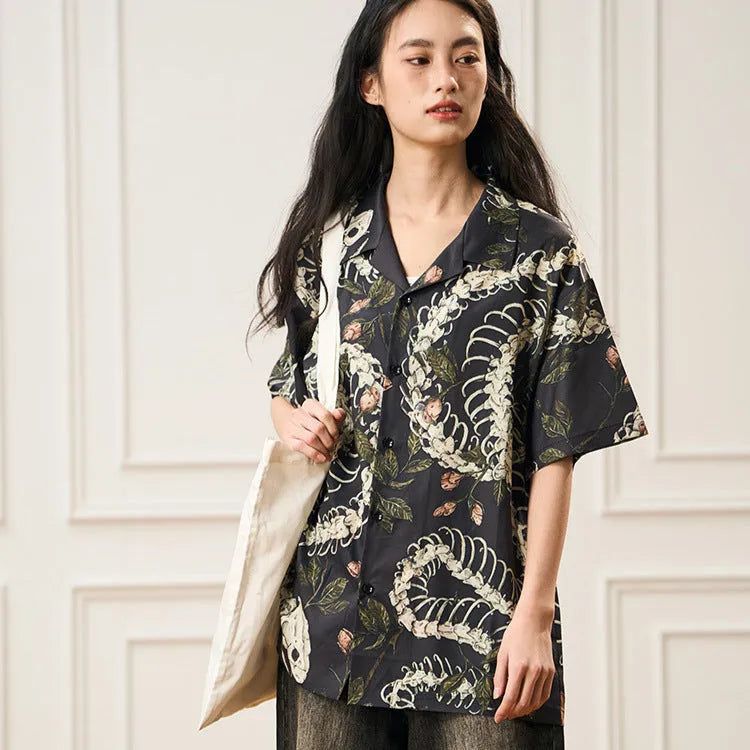 Short sleeve Cuban collar shirt with snake bone pattern print in loose fit style for summer