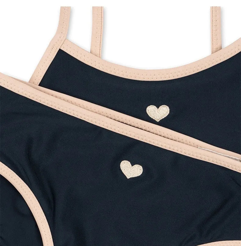 Dark blue split baby swimsuit for girls aged 1-6 years in briefs style with high elasticity construction