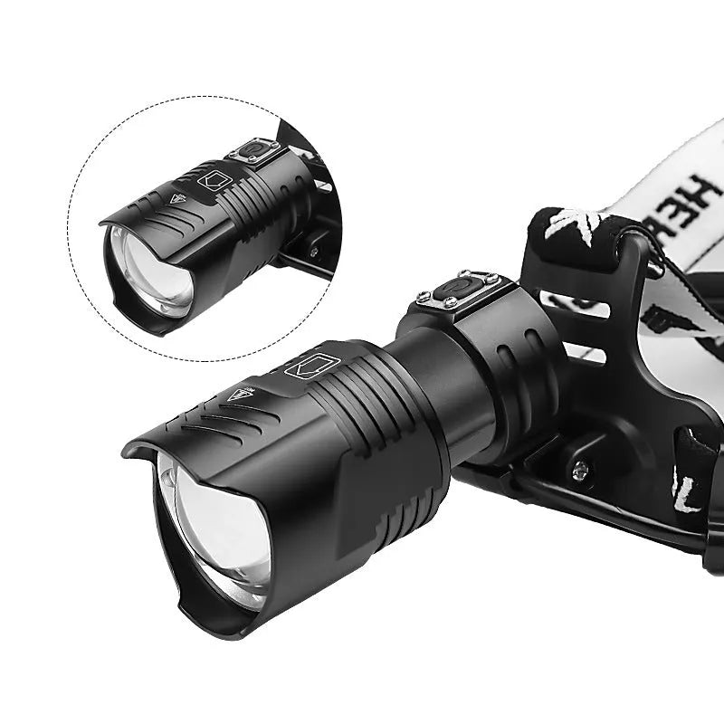 Black aluminium alloy USB rechargeable head torch with telescopic zoom lens.
