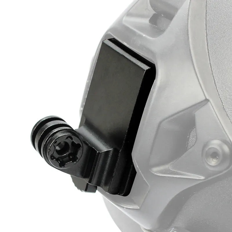 Aluminium alloy helmet camera mounting bracket for GOPRO and action cameras.