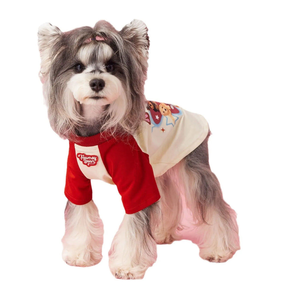 Cotton dog summer clothes in contrast colour design, available in embroidered red or pink, sizes XS to XXL