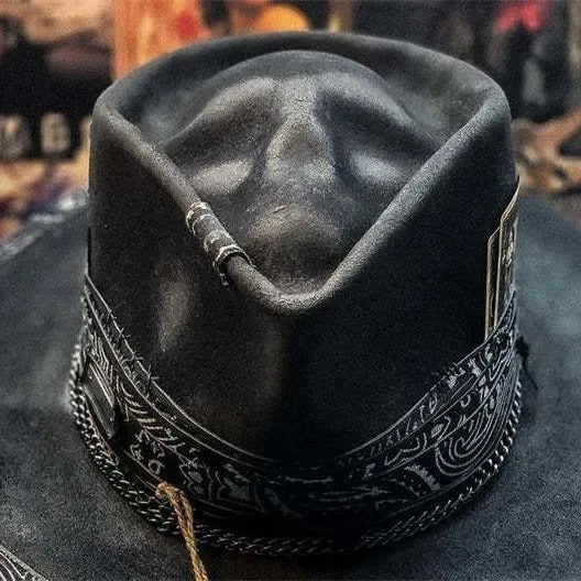 Handmade wool felt denim Halloween skull hat with conical crown design