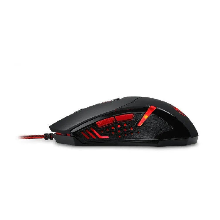 Black and red wired USB optical gaming mouse with six buttons on a desk