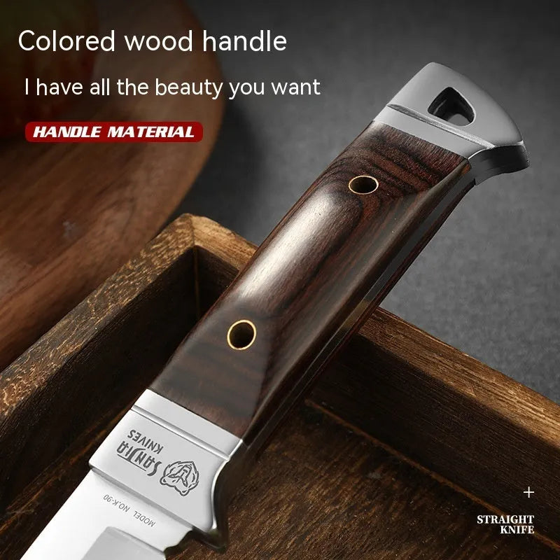 National style stainless steel camping knife with leather sheath case for outdoor use