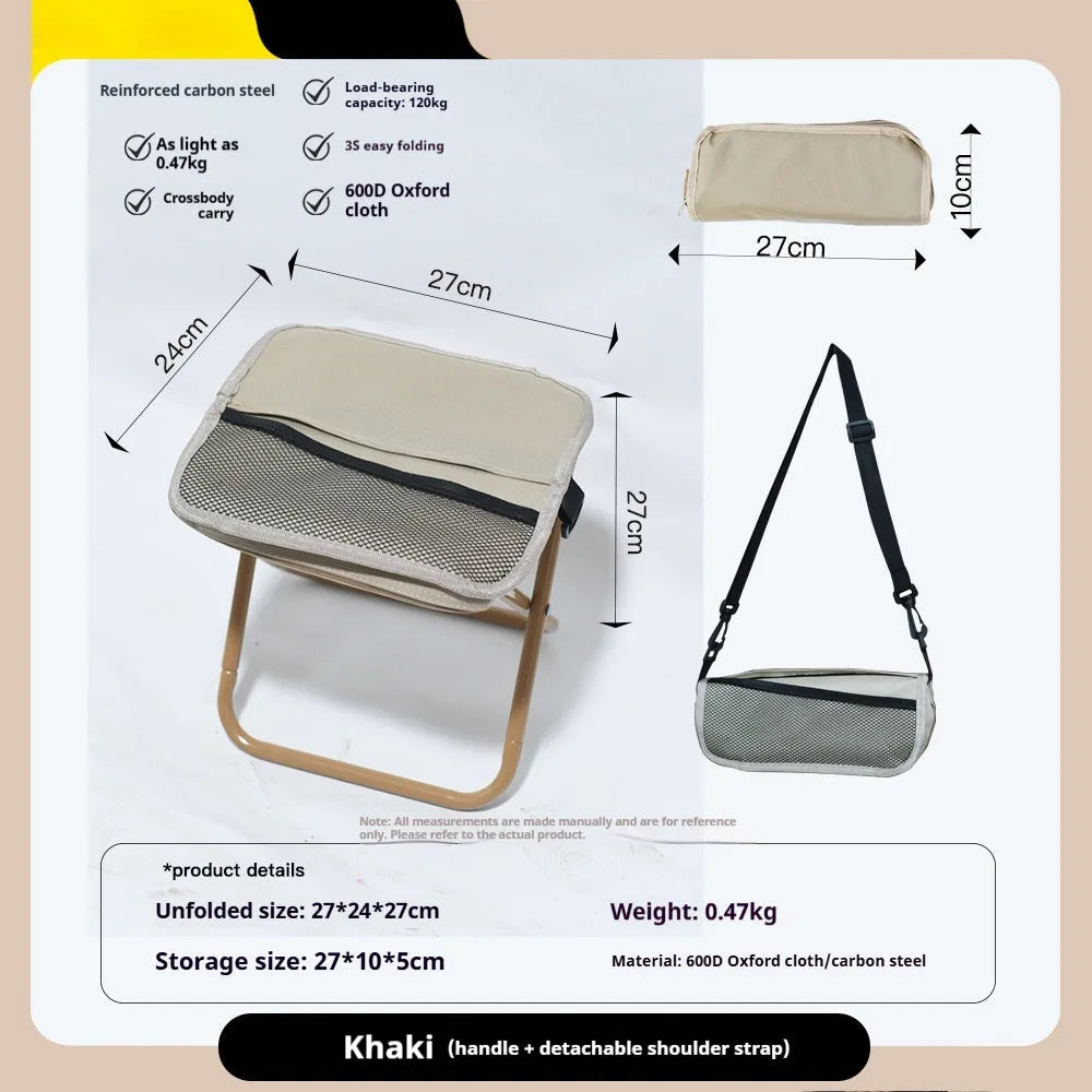 Foldable outdoor camp stool in Oxford cloth, shown in khaki colour, collapsed into its compact pencil box design.
