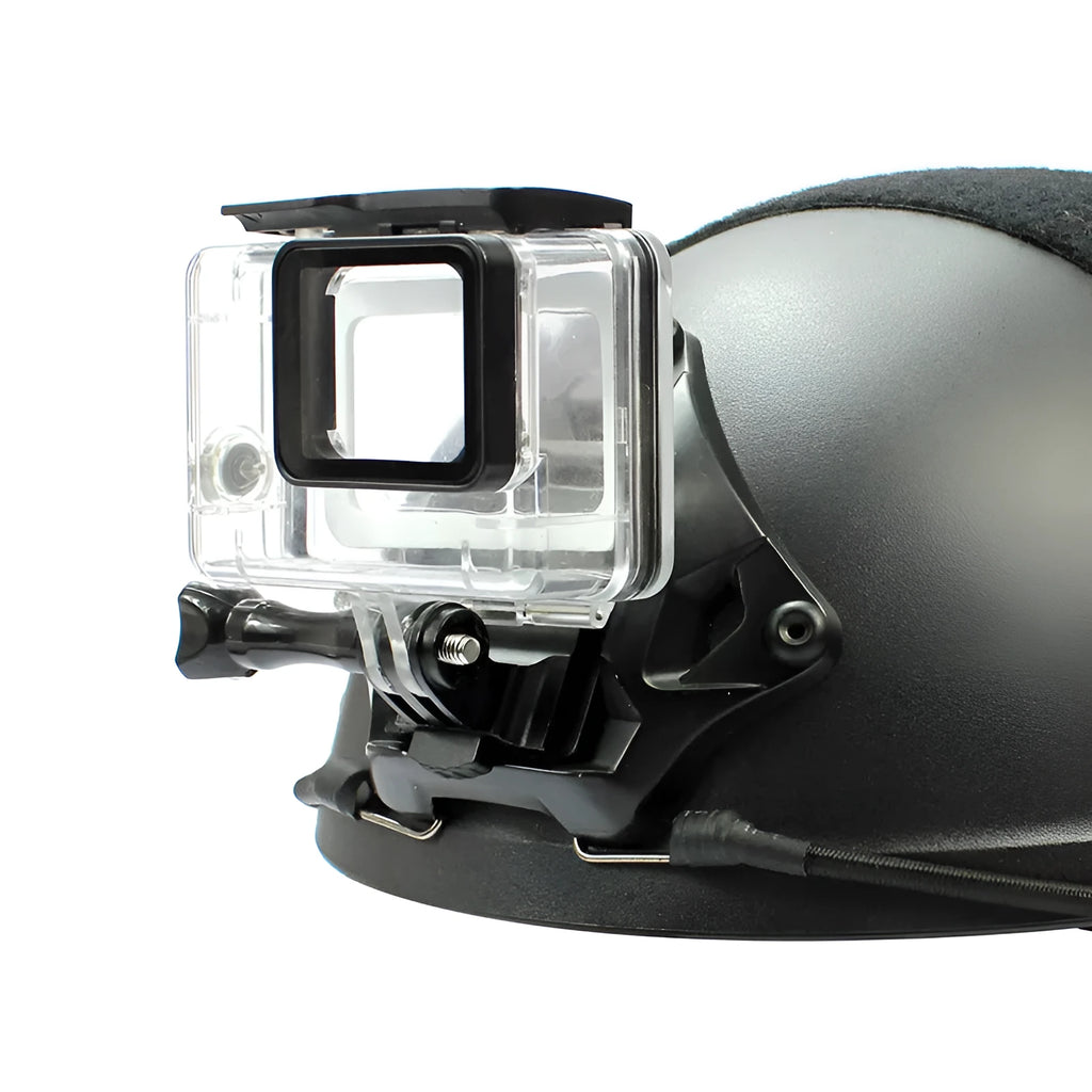 Aluminium alloy helmet camera mounting bracket for GOPRO and action cameras.