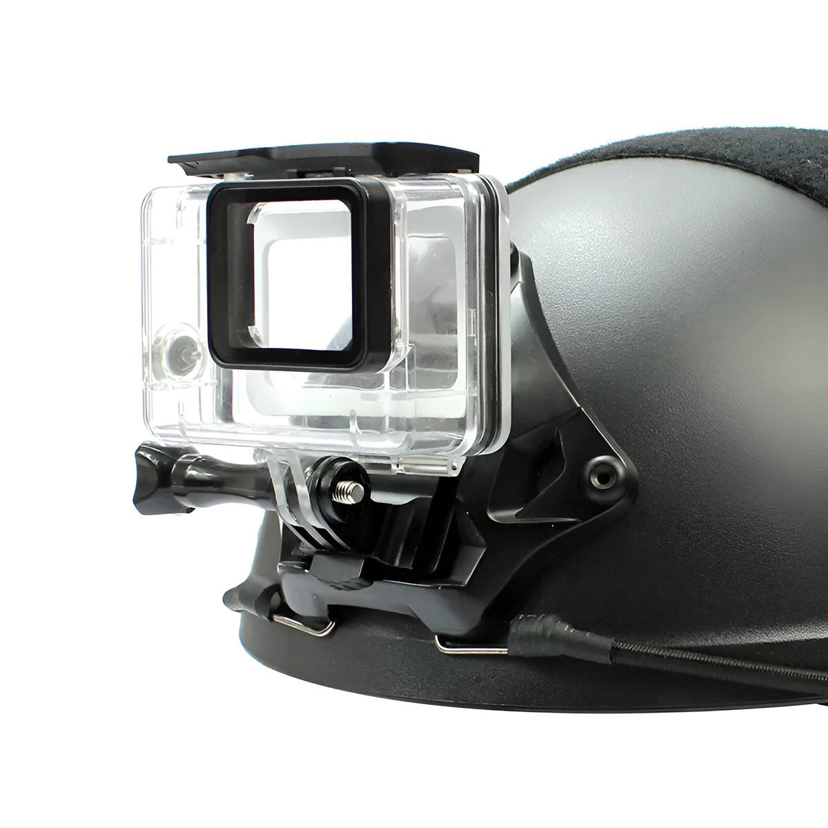Aluminium alloy helmet camera mounting bracket for GOPRO and action cameras.