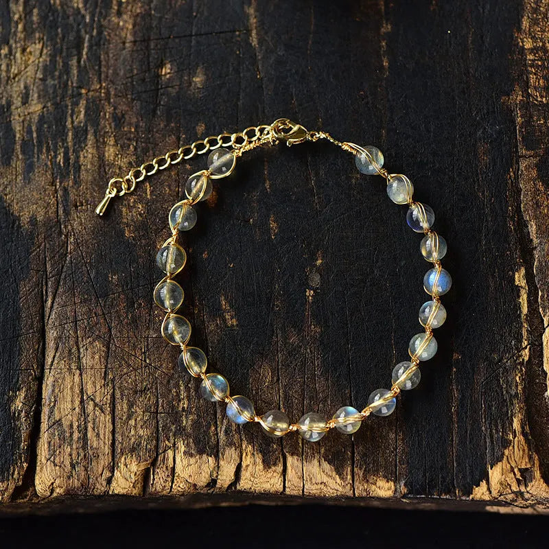 Women's blue moonstone crystal bracelet with 6mm stones on 14K gold-plated chain