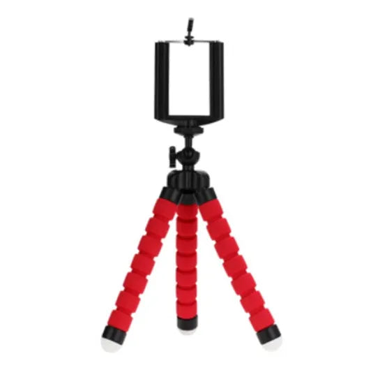 Black flexible octopus tripod with legs wrapped around a pole, holding a smartphone.