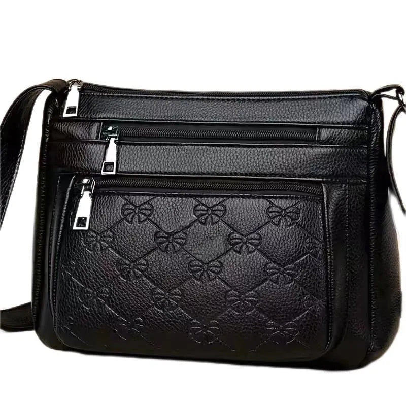 Butterfly black women's crossbody messenger bag with embossing details and mobile phone compartment