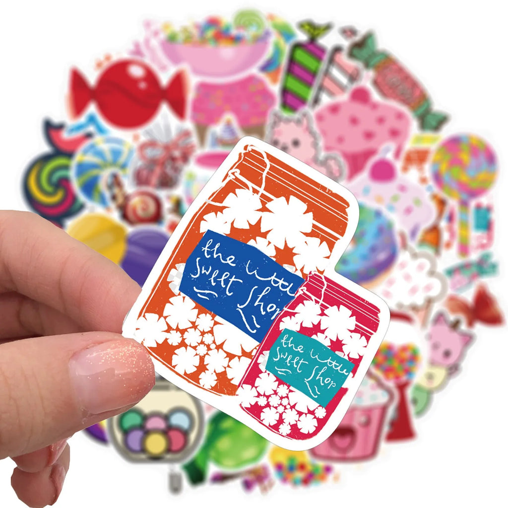 50 colourful candy series graffiti stickers with cartoon patterns measuring 4-6cm each