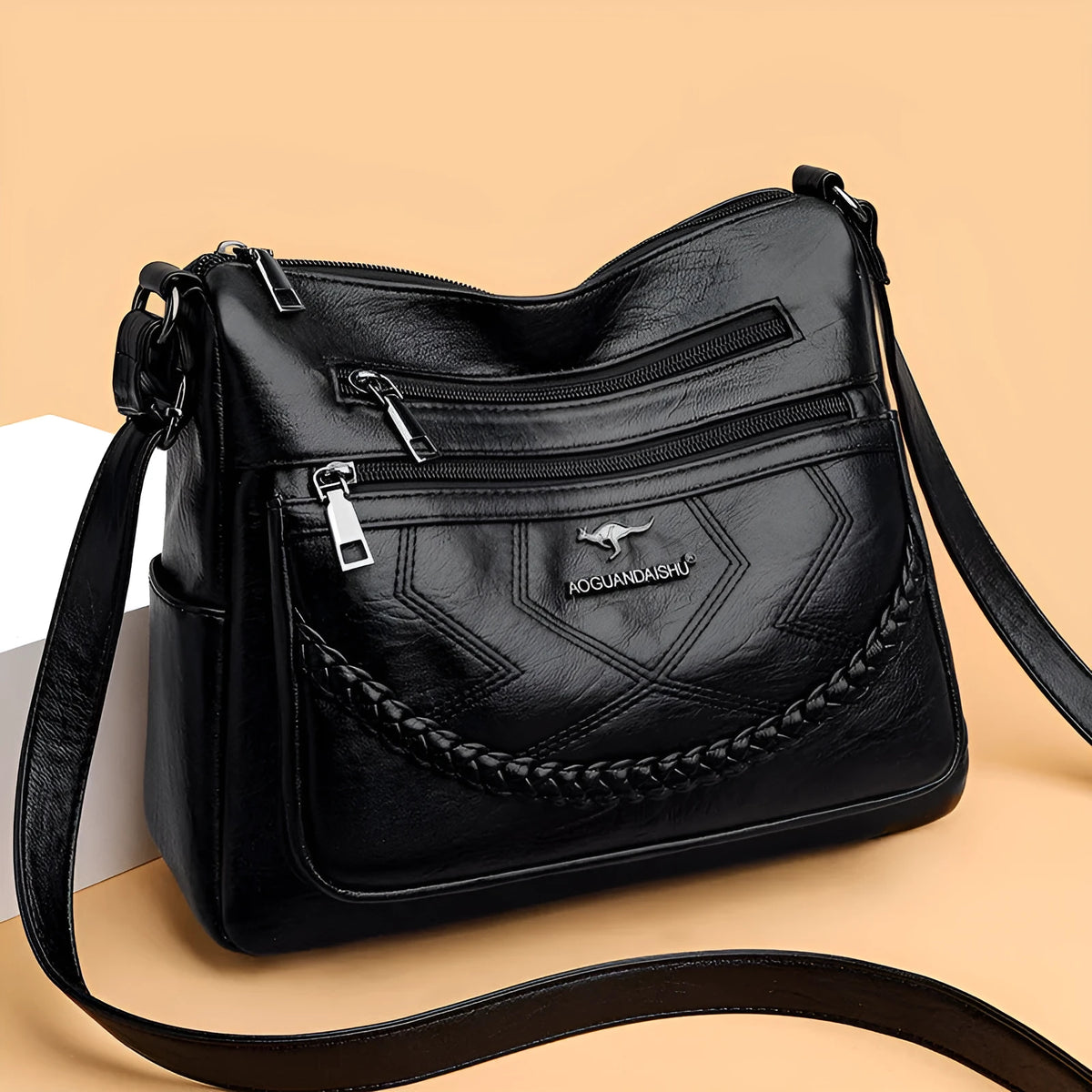 Soft PU leather women's shoulder bag in a horizontal square shape with a large capacity.