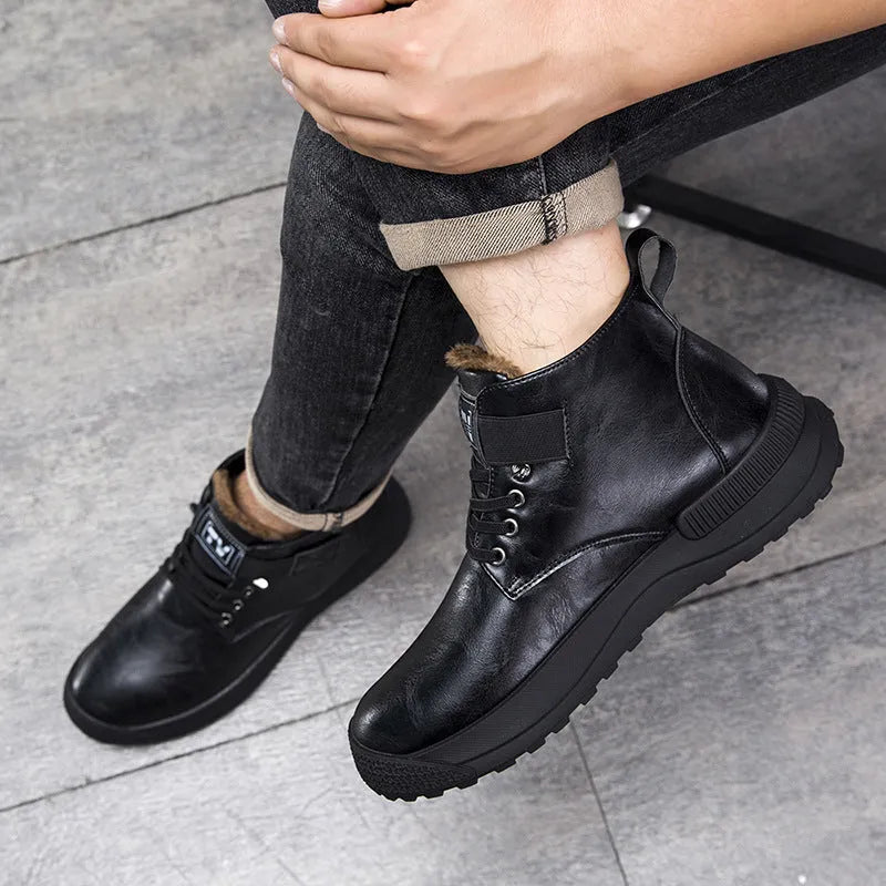 Men's black high-top platform Martin boots with rubber sole and velvet trim on a white background.